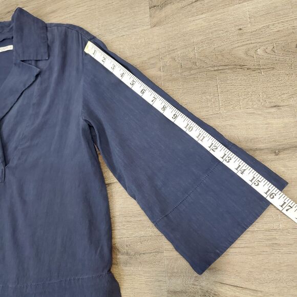 MM.Lafleur Linen Blend Collared Top XS Blue Stretch 3/4 Sleeve Nautical Preppy - Picture 7 of 10